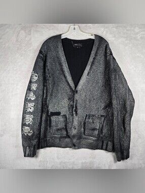 Purple Brand Foil Wool Cardigan Mens Size Large Black Beauty Knit Shiny Pockets